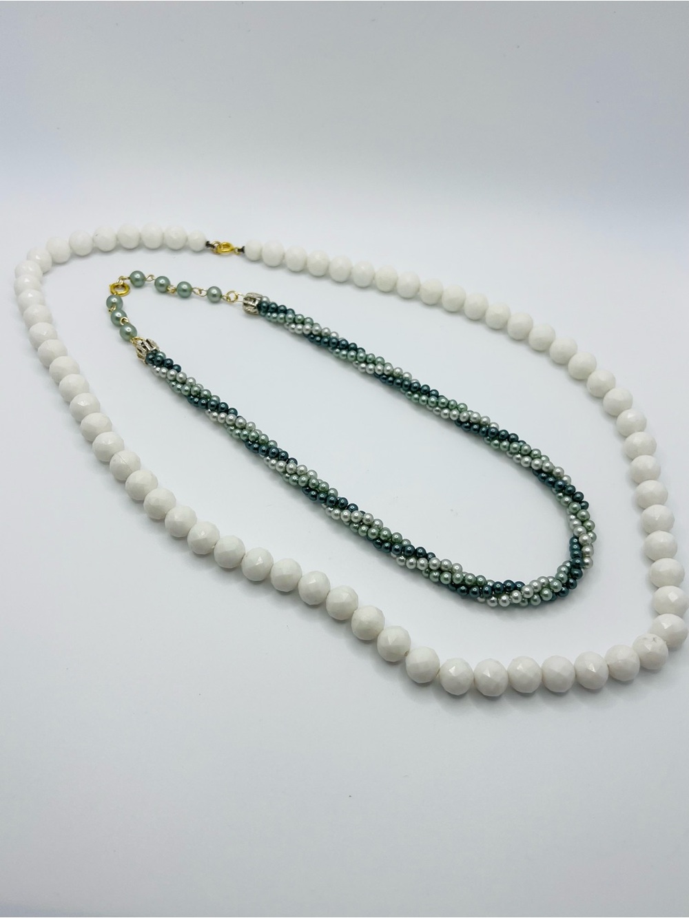 Vintage Multi-Strand 3Tone Grey Pearl style beaded and White Bead Necklace 2pc.